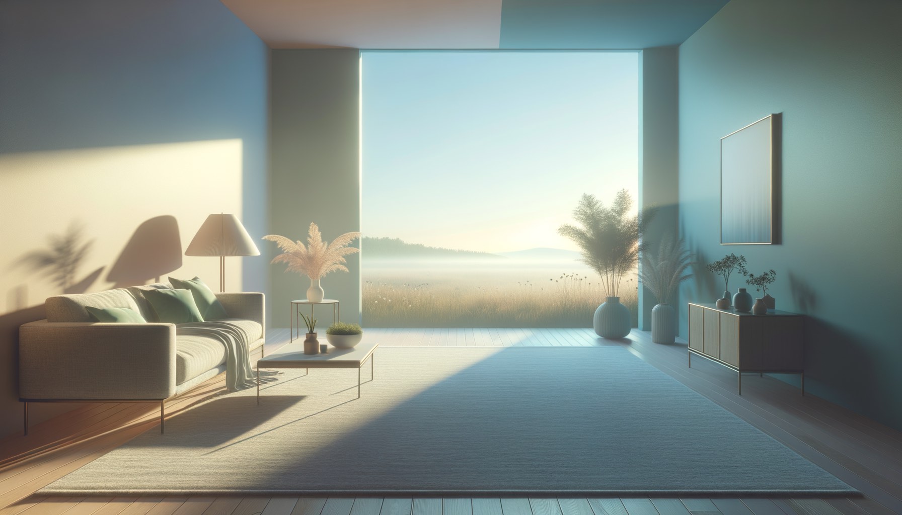Calm, sunlit sitting room with a wide window overlooking a misty meadow