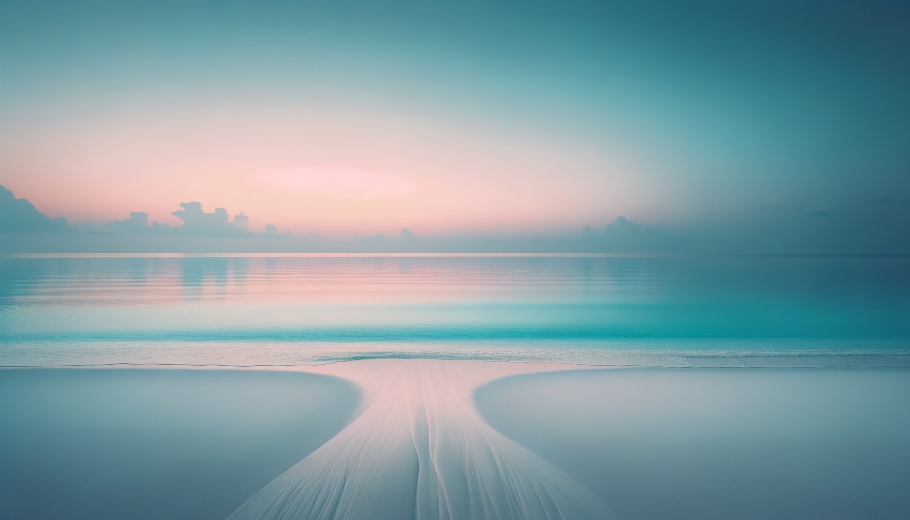 Calm ocean at sunrise under a soft pink and blue sky